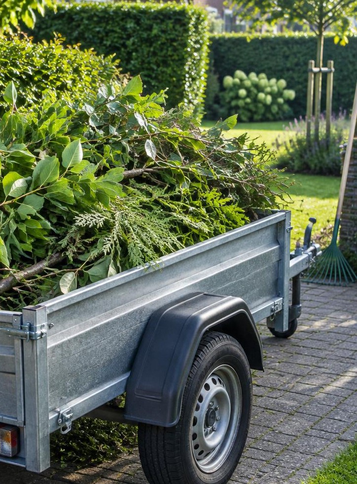 Aanhanger gevuld met groen snoeiafval naast een tuin